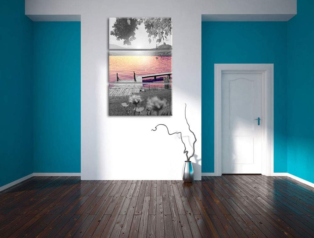 kleiner Steg am See bei Sonnenaufgang schwarz/weiss 3-Teiler Leinwandbild 120x80 Bild auf Leinwand,
