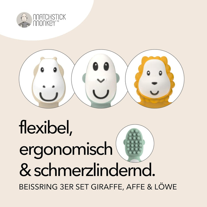 Matchstick Monkey 3er-Set Tier-Beissringe Geschenkset – BPA-freies Silikon für Zahnungslinderung, Fe