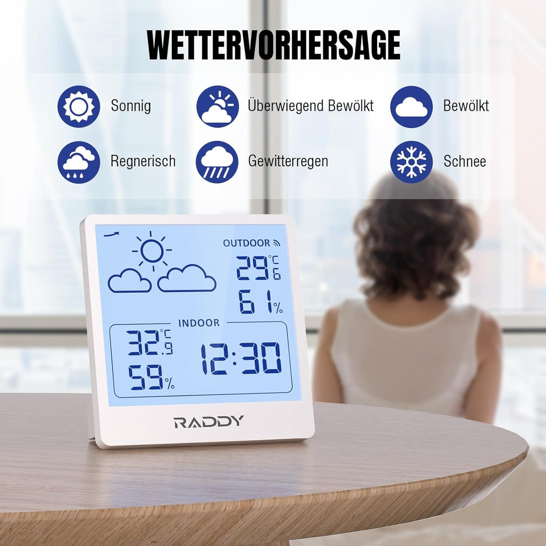 Raddy WF-50 Wetterstation Funk innen und aussen, batteriebetriebener Temperatur- und Luftfeuchtigkei