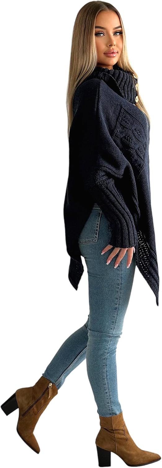 Mississhop Poncho Strick Sweatshirt Pullover Umhang Überwurf Einheitsgrösse Nachtblau, Einheitsgröss