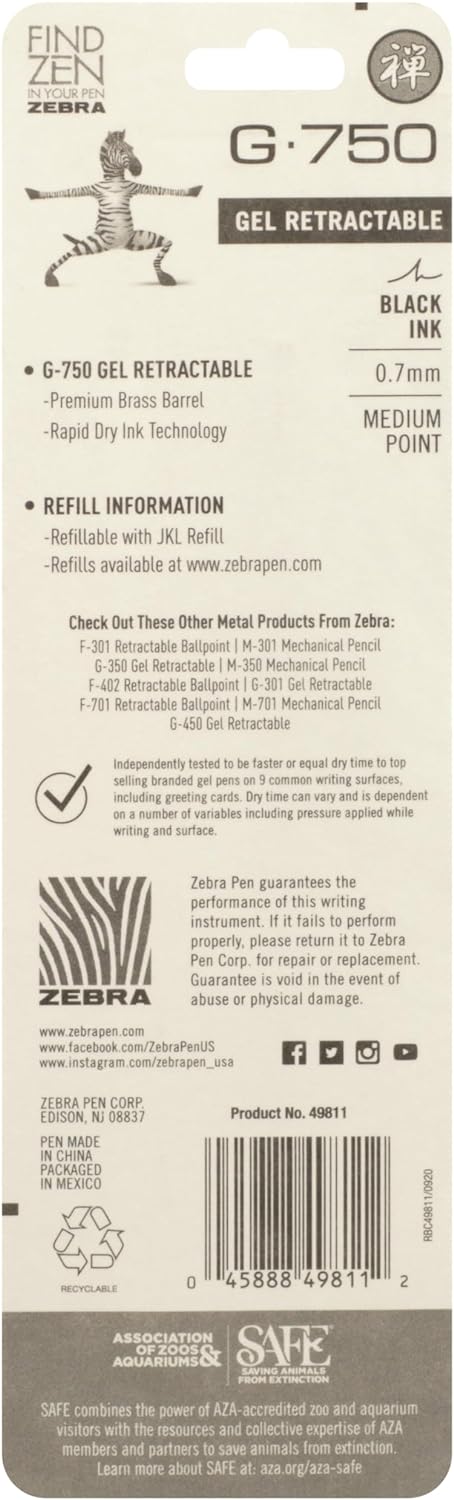 Zebra Pen G-750 Gelschreiber, einziehbar, schwarzer Messingschaft, mittlere Spitze, 0,7 mm, schwarze