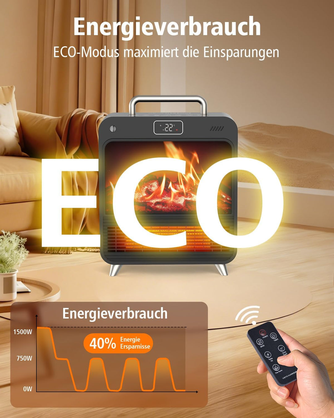Heizlüfter Energiesparend 1500W, PTC Keramik Heizung mit 4 Modi & Thermostat, Erlebe leisen Komfort