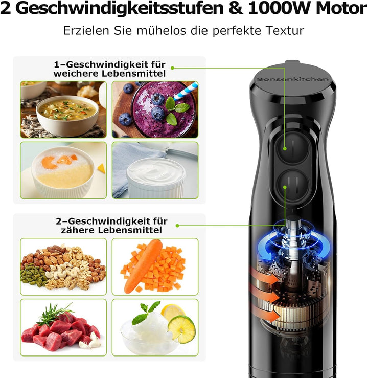 Bonsenkitchen 3 in 1 Elektrischer Stabmixer, 1000W Pürierstab mit Schneebesen/Messbecher, Stufenlose