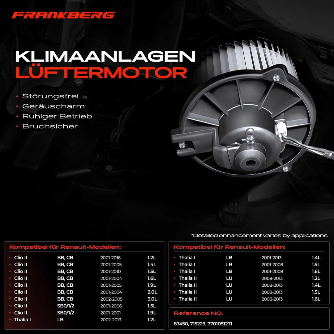 Frankberg Gebläsemotor Innenraumgebläse Kompatibel mit Clio II BB CB 1.2L-3.0L 2001-2016 Thalia I LB