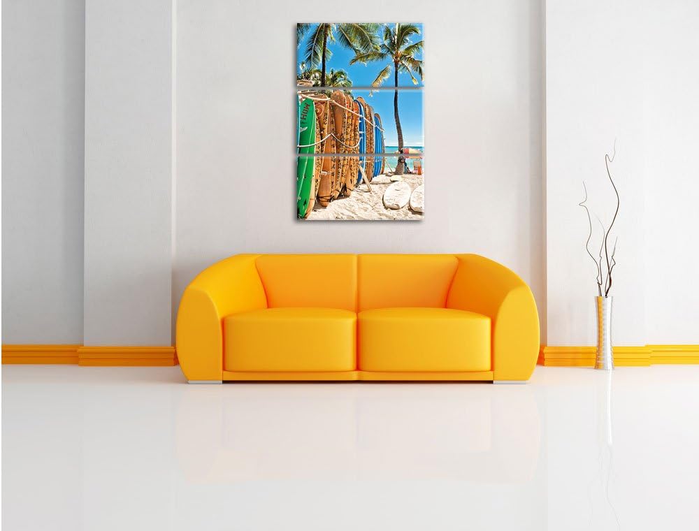 Pixxprint Surfboards am Strand als Leinwandbild/Grösse: 3 Teilig (120x80) cm/Wandbild/Kunstdruck/fer