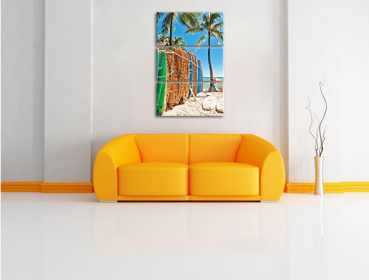 Pixxprint Surfboards am Strand als Leinwandbild/Grösse: 3 Teilig (120x80) cm/Wandbild/Kunstdruck/fer