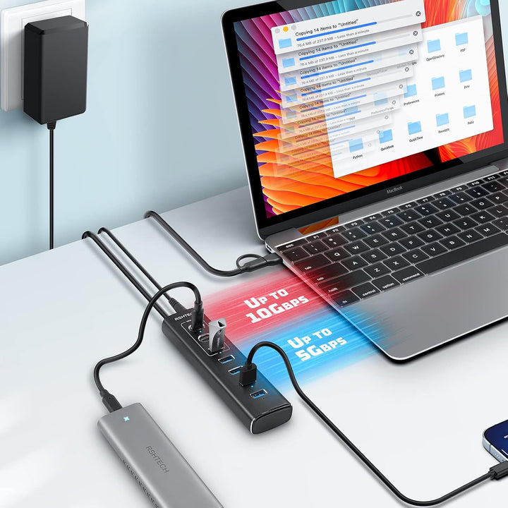 USB C Hub Aktiv mit Netzteil, RSHTECH 7-Port USB C 3.2 Hub Aktiv mit 3*10Gbps USB 3.2-Port (2*Typ-C,