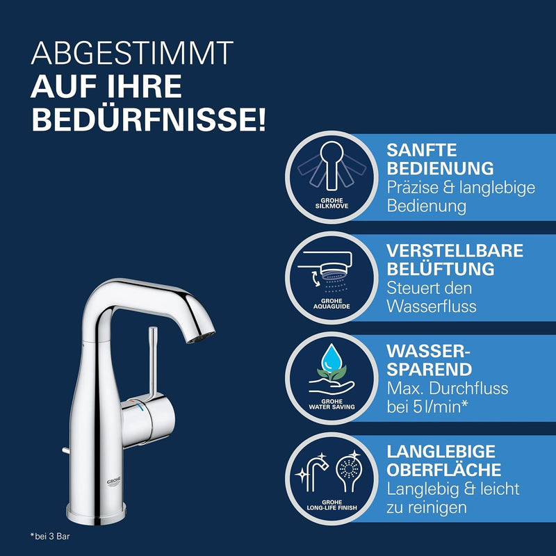 GROHE Essence - Badarmatur - Einhand-Waschtischarmatur (M-Size, mit Temperaturbegrenzer, Einlochmont