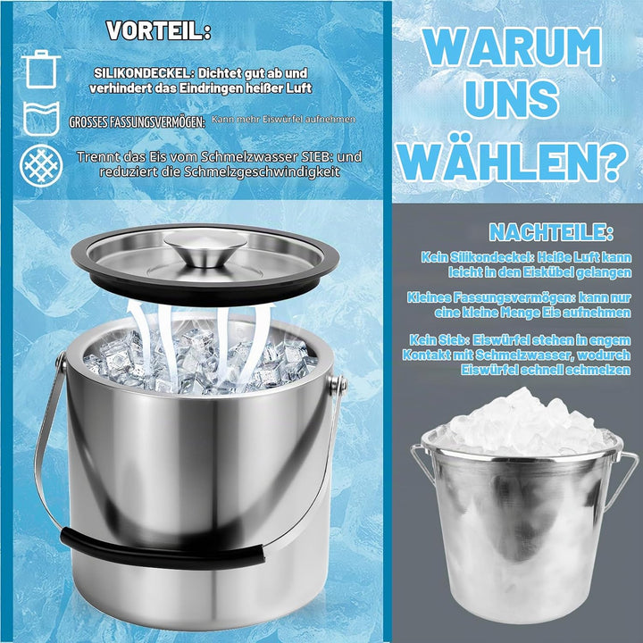 3L Eiswürfelbehälter mit Deckel Eiskübel Edelstahl Eisbehälter für Eiswürfel Doppelwandiger Isoliert
