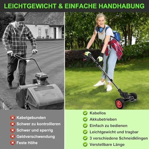 Rasentrimmer mit Rädern, 3-in-1 Freischneider &amp; Rasenkantenschneider, 24 V Akku-Rasenmäher Set mit 2