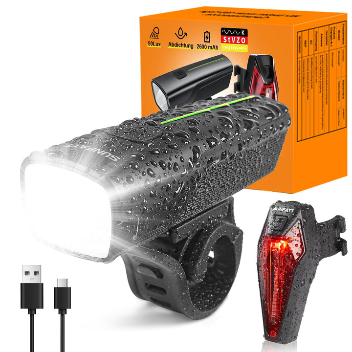 SUNFATT Fahrradlicht Set,StVZO Zugelassen Fahrrad Licht vorne&rücklicht-[2600mAh]-IPX5 Wasserdicht F