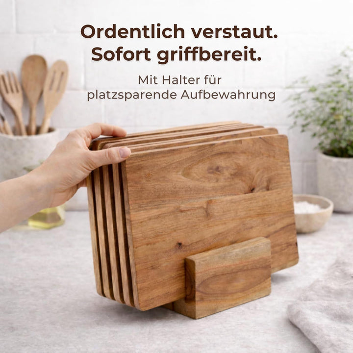 Frühstücksbrettchen Holz Set (5er) aus Akazie mit Ständer – kleine Schneidebretter 26×16 cm für Küch