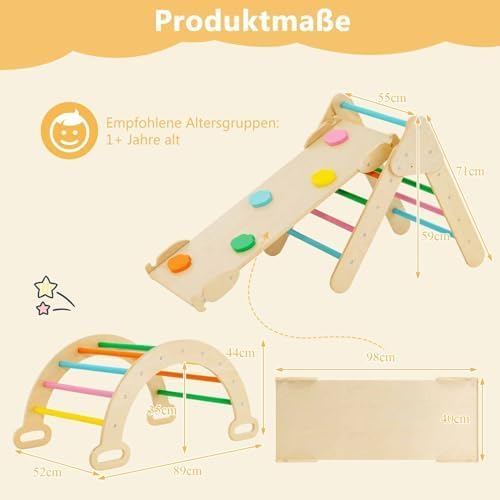 FANTASK 4 in 1 Klettergerüst mit rutsche, Kletterdreieck Holz inkl. doppelseitige Rampe & Kletterbog