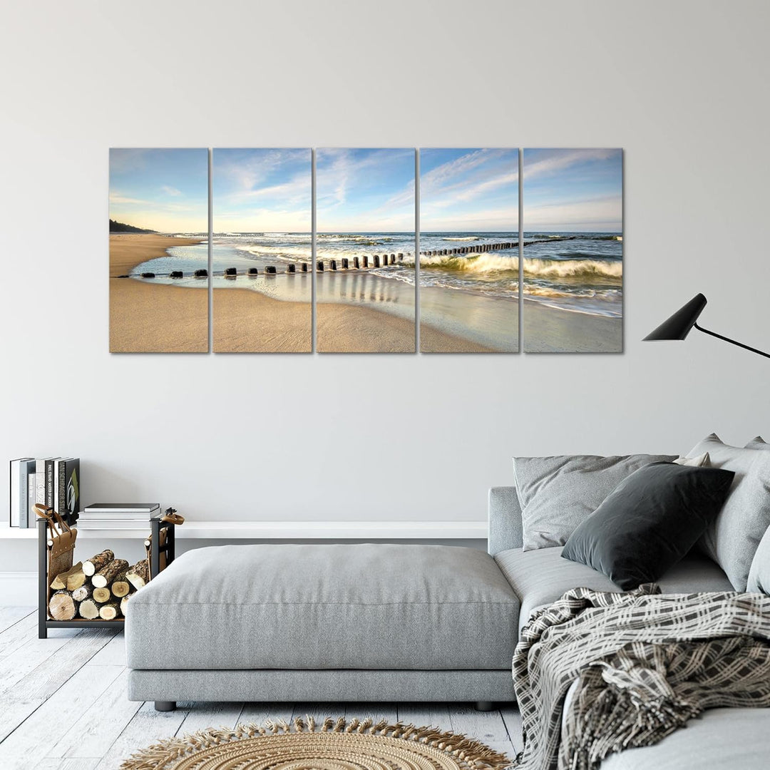 Runa Art Wandbild XXL Strand Meer Schlafzimmer Wohnzimmer 200 x 80 cm Bunt 5 Teilig - Made in German
