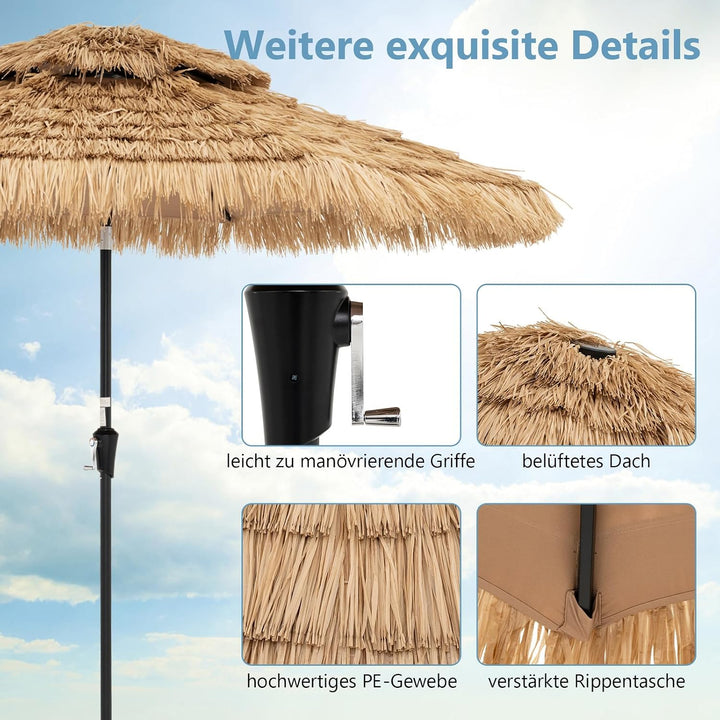 GOPLUS Sonnenschirm Hawaii, Ø 270 cm Strohschirm um 30° knickbar, Strandschirm mit LED-Solar-Beleuch