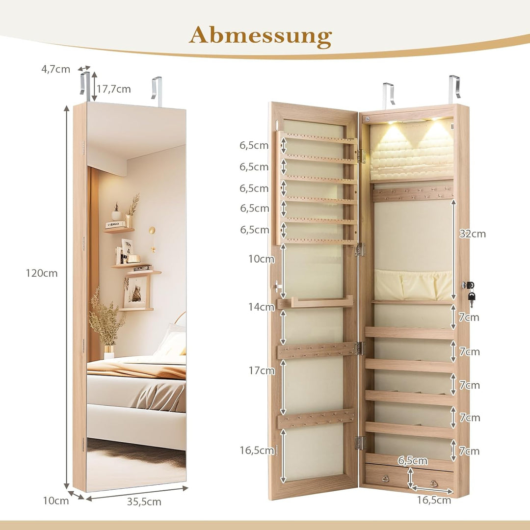 RELAX4LIFE Schmuckschrank Hängend, Spiegelschrank mit LED-Beleuchtung & Spiegel & Schloss, Schmuckor