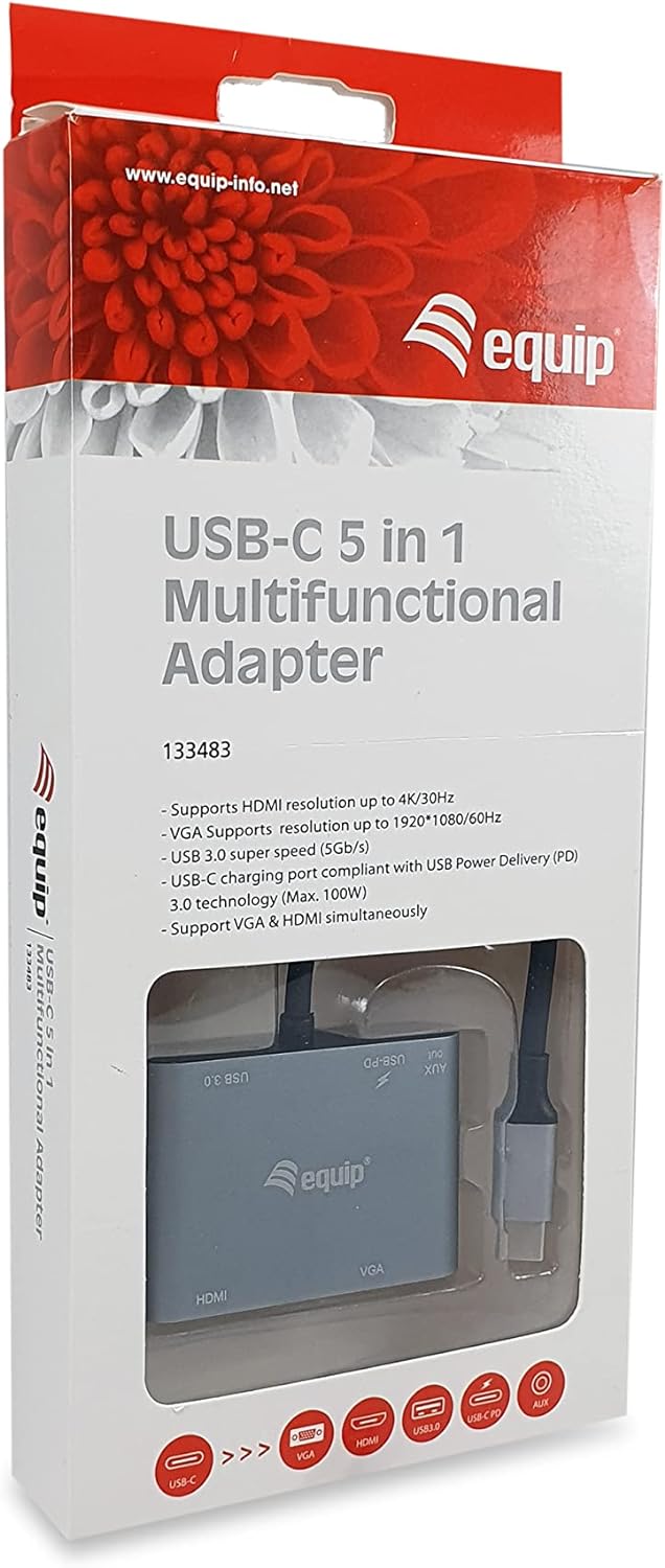 Equip 133483 USB-C Multifunktionsadapter 5-in-1-USB-C-zu-HDMI/VGA/USB 3.0/AUX/USB-C PD-Multiport-Ada