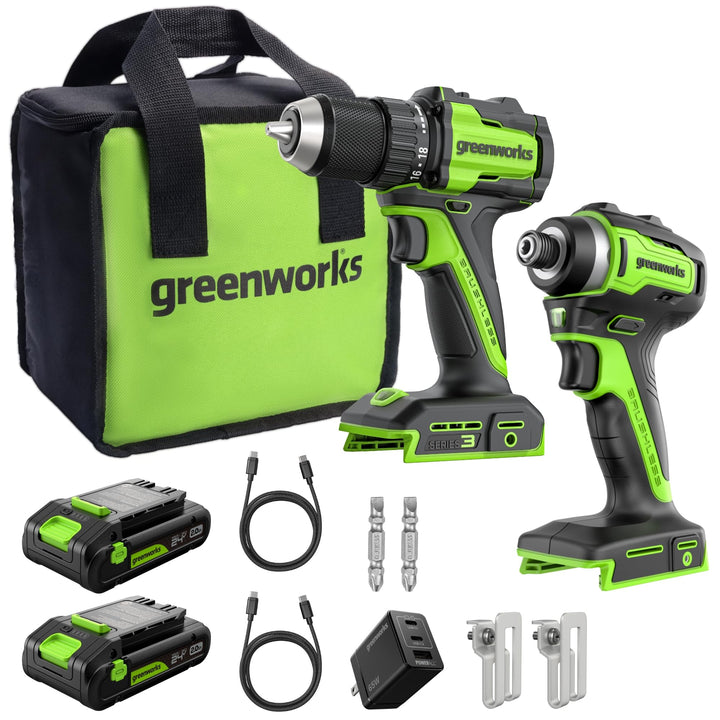 Greenworks 24V Bürstenloses Bohrschrauber- & Schlagschrauber-Set, 45 Nm + 220 Nm, Leicht, inkl. 2× 2