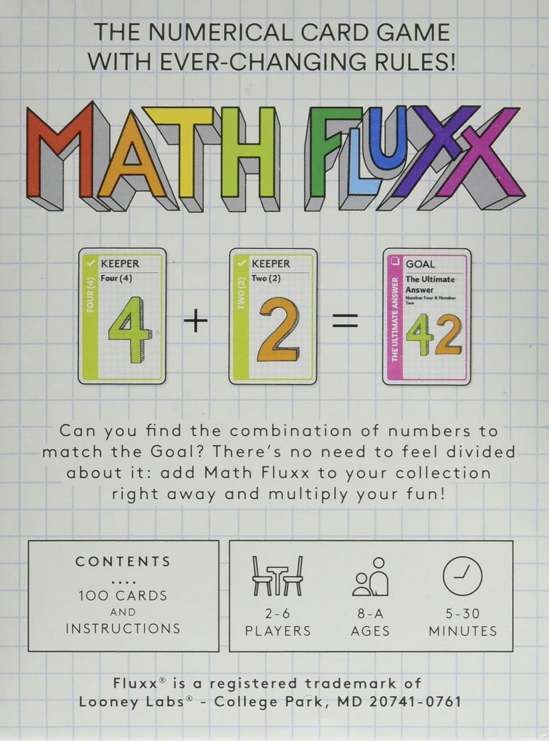 Looney Labs , Math Fluxx , Board Game , Ages 8+ , 2-6 Players , 5-30 Minutes Playing Time