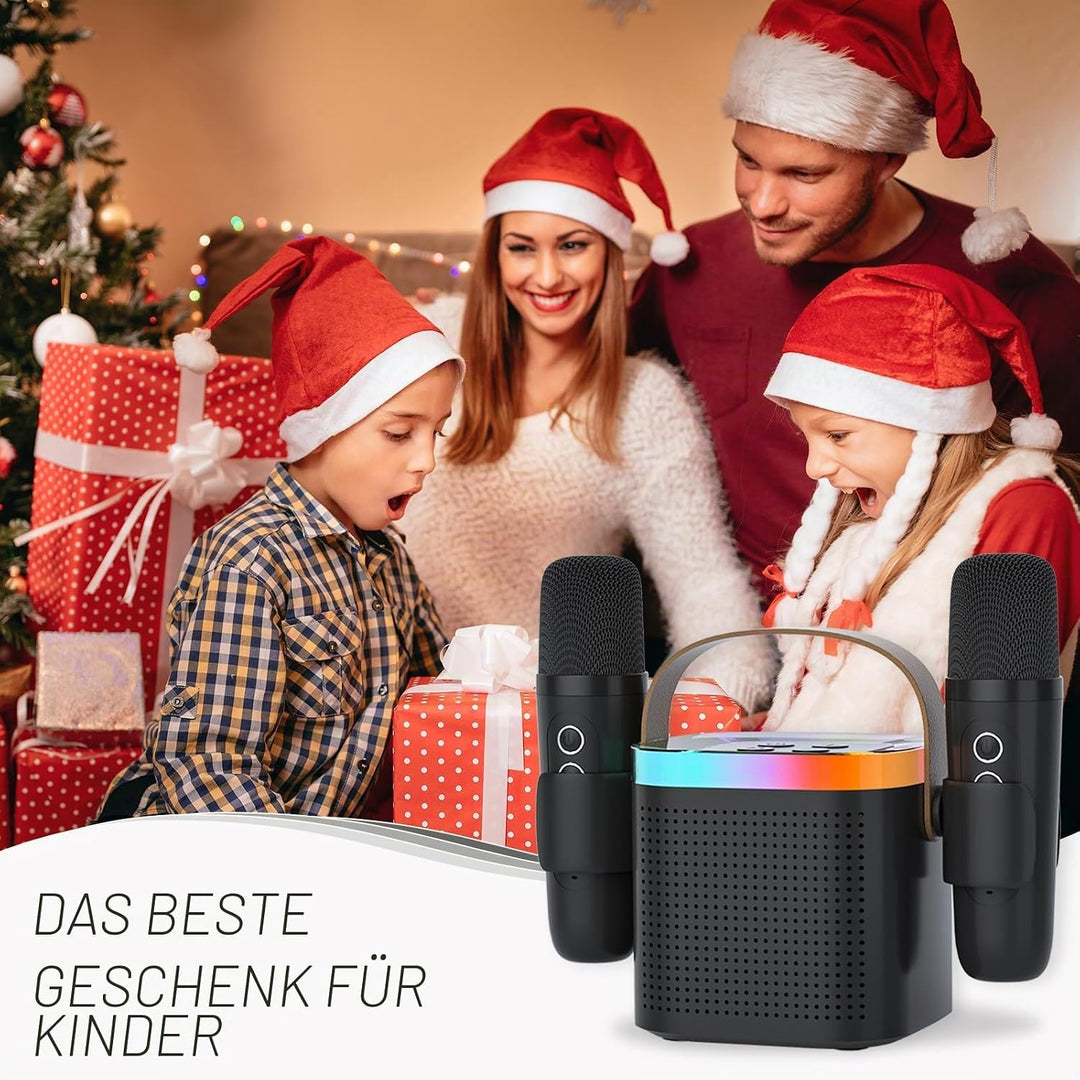Mini Karaoke Maschine mit 2 Mikrofones, Kreative Musik Lautsprecher mit Mic Halter für Kinder Erwach