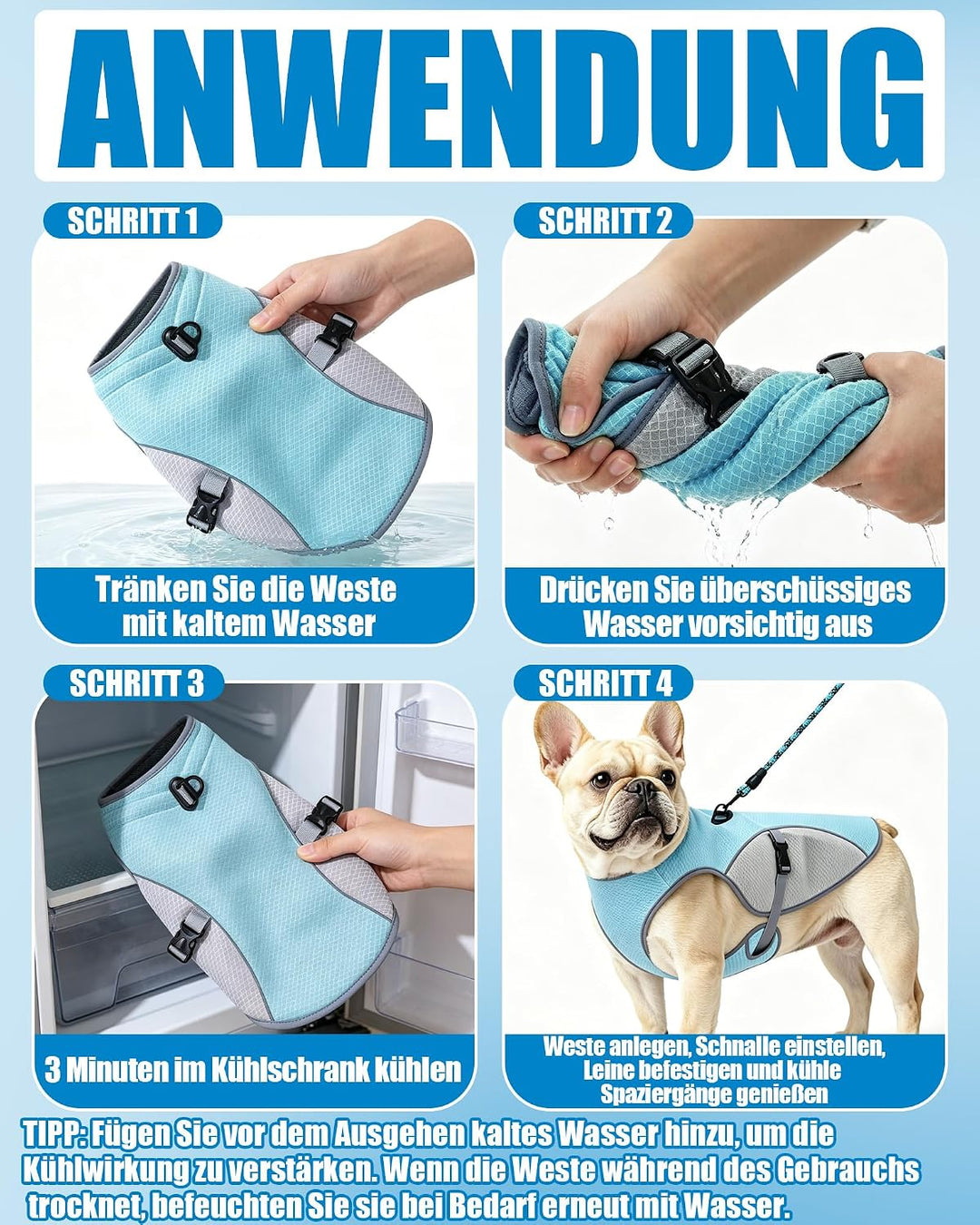 Kühlweste Hund mit 2 m Leine, Hunde Kühlweste für Kleine und Grosse Hunde, Reflektierende und Atmung