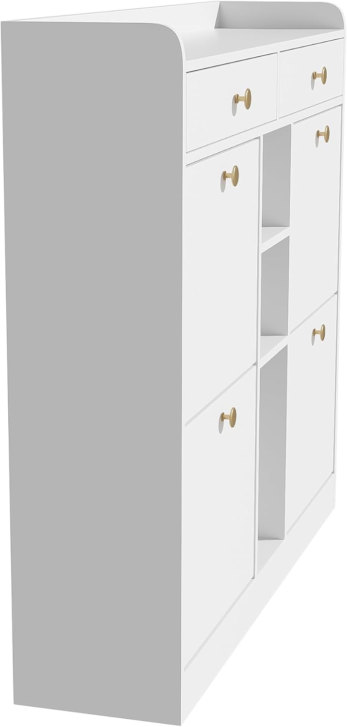 Merax Schuhschrank 110x26x100 cm, mit 4 Klapptüren 2 Schubladen 3 offenen Fächern, Platzsparender Sc