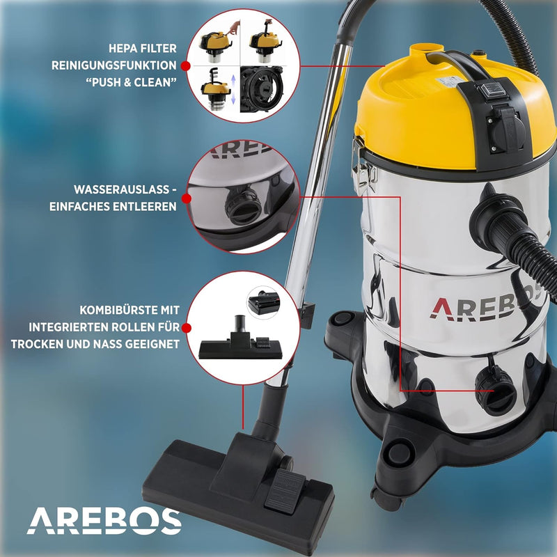 Arebos Industriestaubsauger 1300W | Nass- & Trockensauger | Mehrzwecksauger Wasser-Staubsauger | Wer