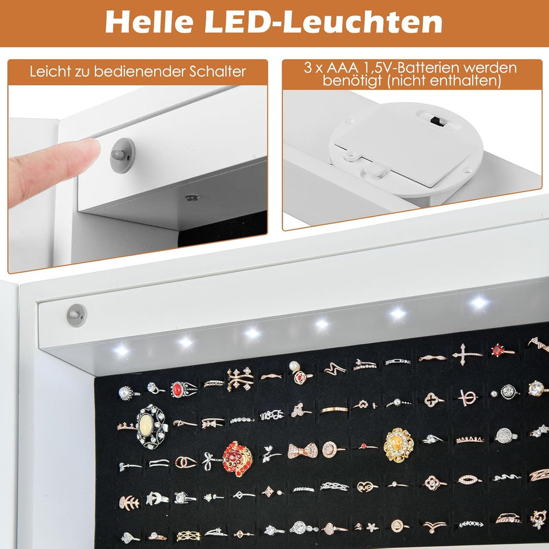 COSTWAY Schmuckschrank neigungsverstellbar, freistehender Schmuckregal mit Ganzkörperspiegel & inner