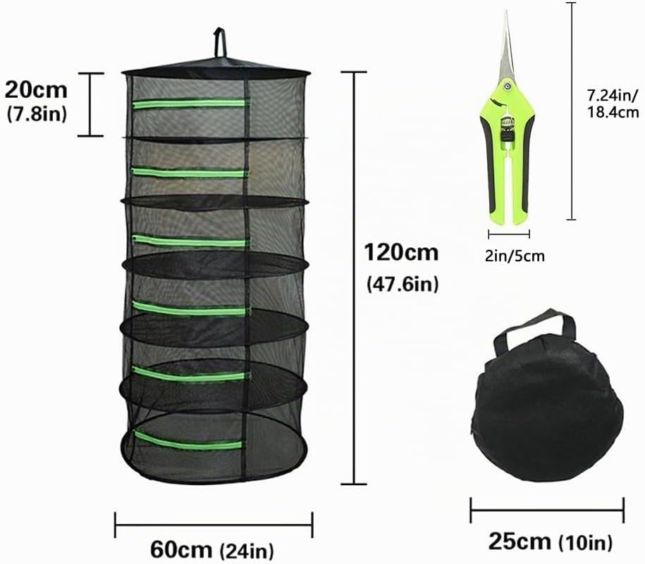 Bysameyee 6-lagiger Kräutertrockner, 2ft Plant Hanging Mesh Trockennetz mit grünen Reissverschlüssen