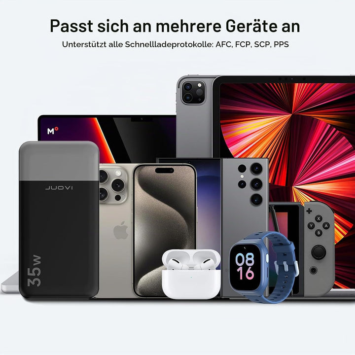 JUOVI Power Bank 10000mAh, 35W Powerbank Schnellaufladung mit 3 Ausgängen und 2 Eingängen, PD3.0 QC