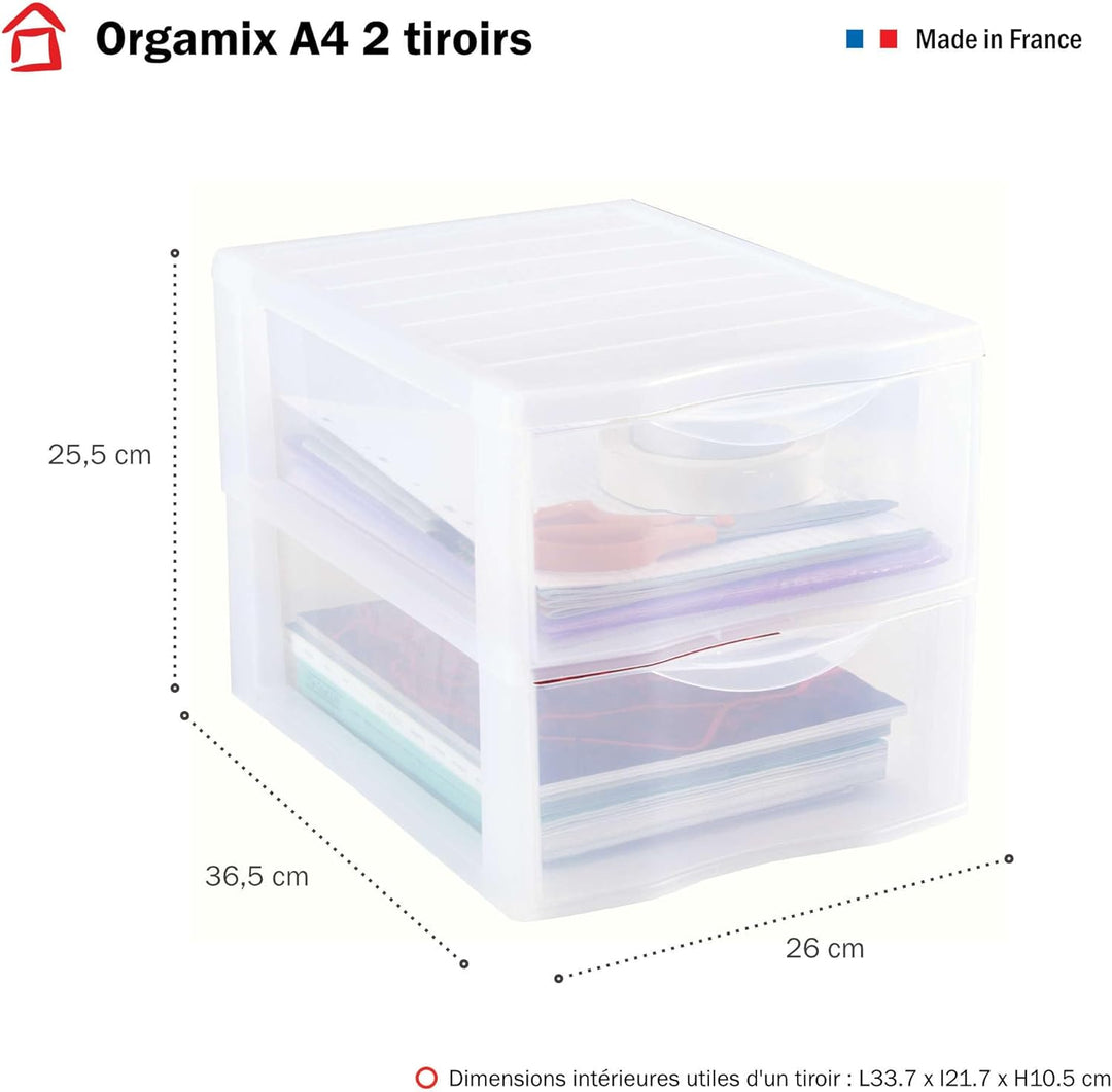 SUNDIS Orgamix, 2er-set schubladenboxen aus Kunststoff, 2 transparente Schubladen für A4-Papier, Höh