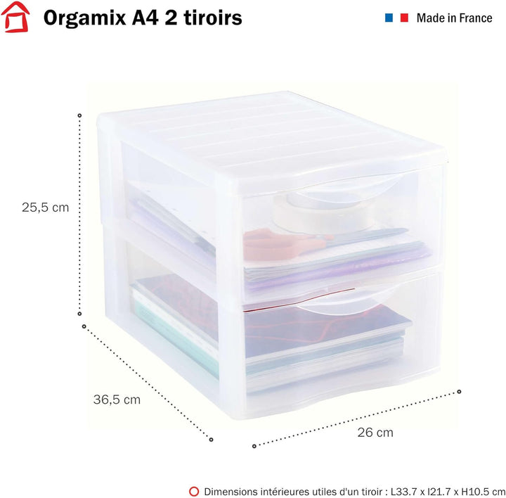 SUNDIS Orgamix, 2er-set schubladenboxen aus Kunststoff, 2 transparente Schubladen für A4-Papier, Höh