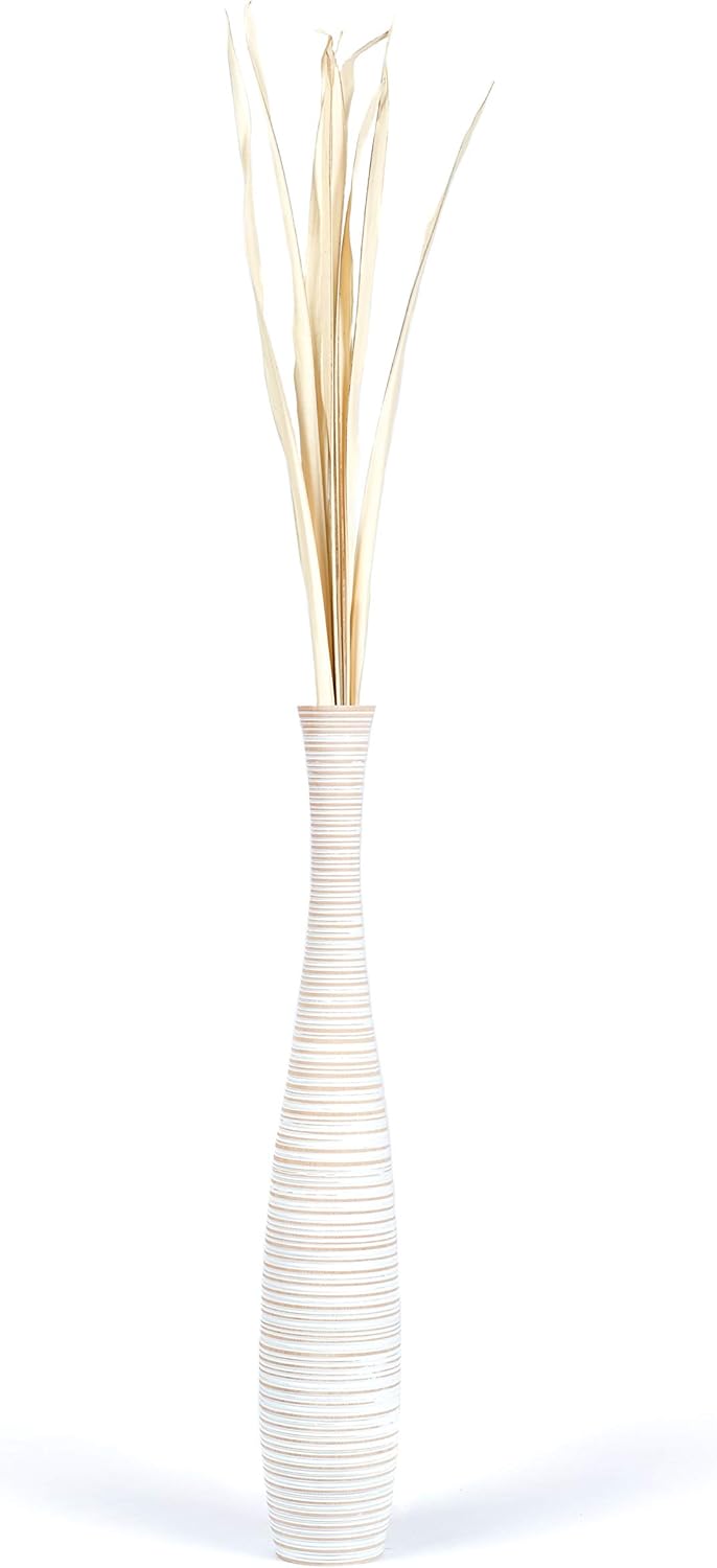 Leewadee Grosse Bodenvase für Dekozweige hohe Standvase Design Holzvase, Holz, 70 cm, White Wash 70