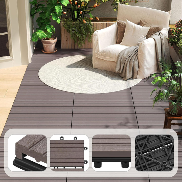 WOLTU WPC Fliese, Terrassenfliesen Holz-Optik, Bodenbelag mit Klicksystem, 30 x 60 cm, Braun (12 Stü