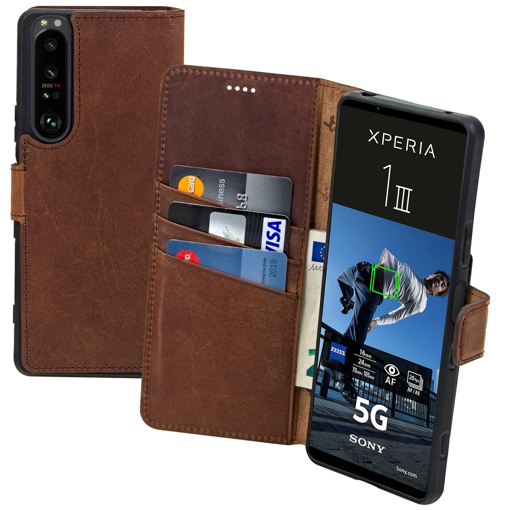 Suncase Book-Style Hülle kompatibel mit Sony Xperia 1 III 3 (2021) Leder Tasche (Slim-Fit) Lederhüll