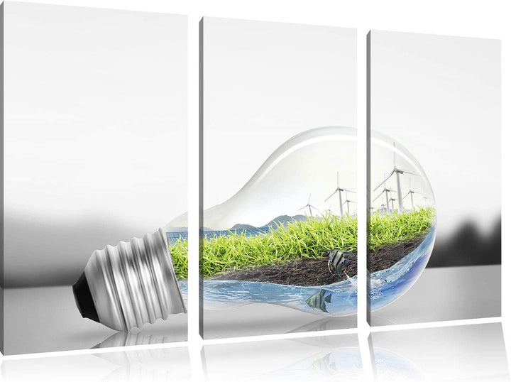 Pixxprint grüne Energie in Glühbirne als Leinwandbild | Grösse: 3 Teilig (120x80) | Wandbild| Kunstd