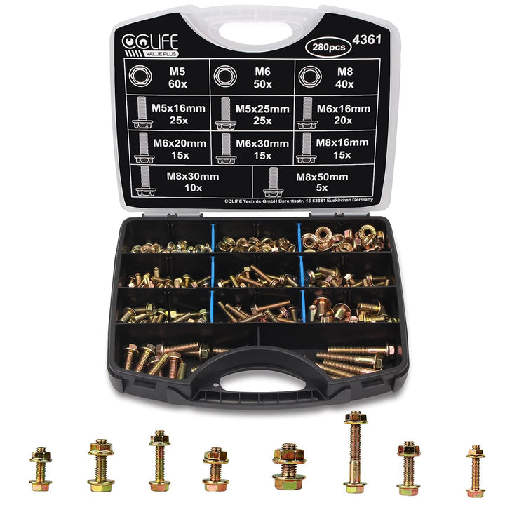 CCLIFE 280tlg Flansch Schrauben DIN 6921 und Muttern DIN 6923 Set Sechskantschrauben Vollgewinde Sor