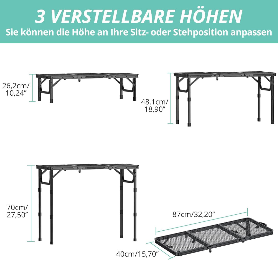 VINTEAM Campingtisch Klappbar 87x40cm - 3 Falten 3-Fach Höhenverstellbar, Aluminium Metallgitter Bei