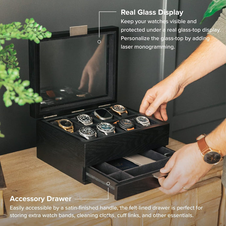CASE ELEGANCE Uhrenbox mit 8 Fächern für Herren, schwarz, Uhrenvitrine, modulares Valet-Tablett, App