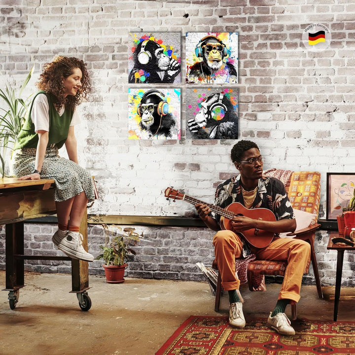 Novart Bilder Set Banksy Collage - KOMPLETT AUFHÄNGFERTIG - Grau Bunt Wohnzimmer Schlafzimmer Loft -