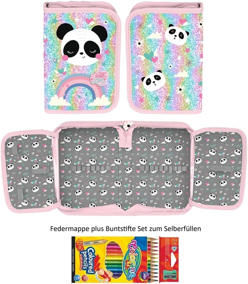 Familando - Schulranzen Set - 8-teilig mit Federmappe - Panda Bär - Ergonomisch, stabil & mit gepols