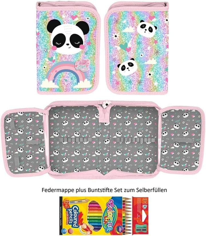 Familando - Schulranzen Set - 8-teilig mit Federmappe - Panda Bär - Ergonomisch, stabil & mit gepols