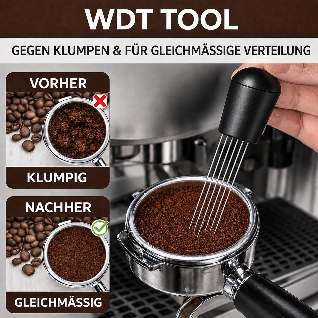 54 mm Espresso Zubehör Set 7-teilig – Barista Zubehör & Tamper Set mit Tamperstation aus Sapeleholz,