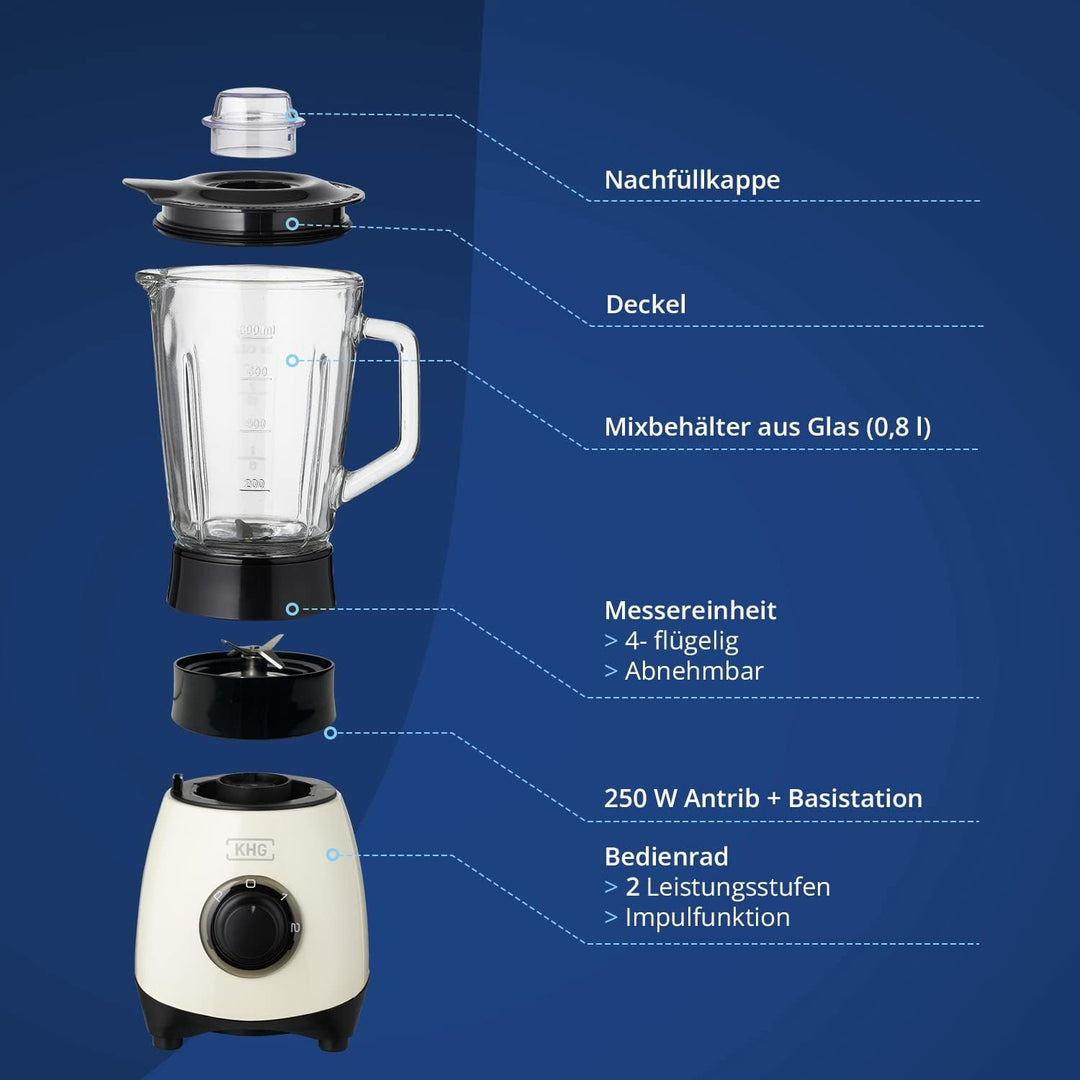 KHG Mini Standmixer 250 Watt mit 0,8 Liter Glasbehälter, Creme, 4-fache 3D Edelstahlklingen, 2 Gesch
