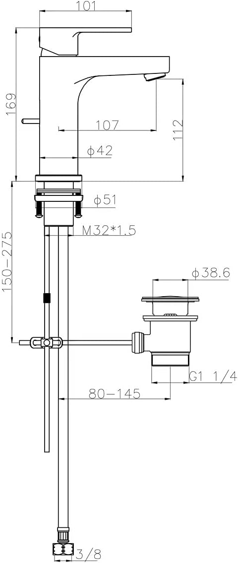 Wasserhahn Bad mit Zugstange - Ablaufgarnitur, Waschtischarmatur mit Auslaufhöhe 112mm, Wassersparen