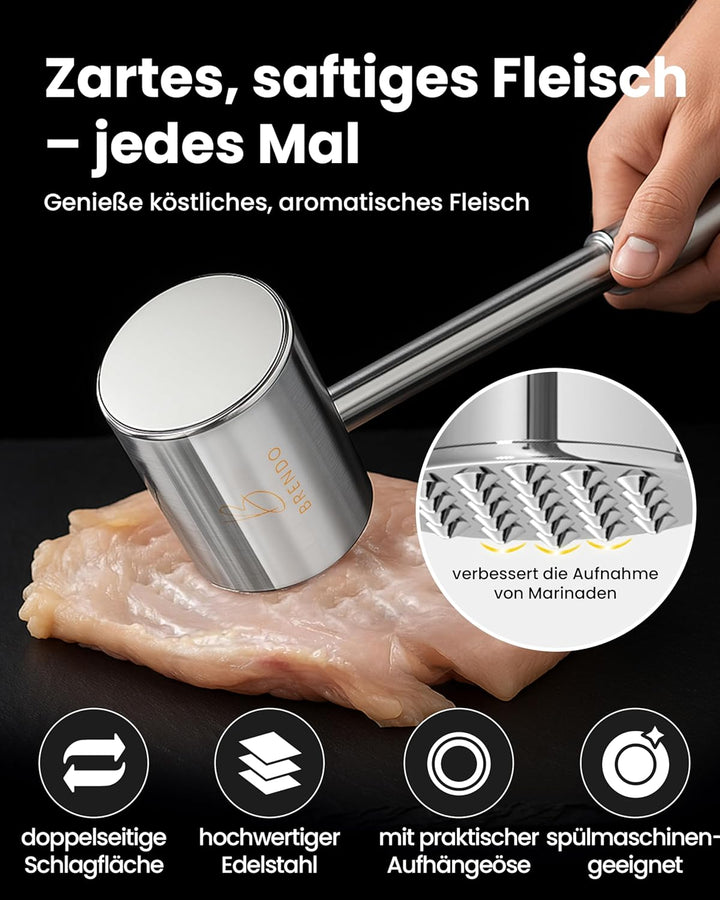 Brendo Edelstahl Fleischklopfer - Ideal für alle Fleischsorten mit Flacher & zackiger Schlagfläche I