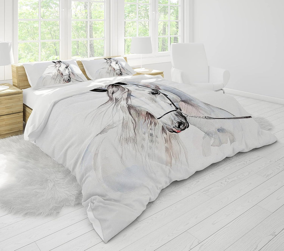 Pferde Bettwäsche Set 220x240 cm, Kinderbettwäsche, Pferde Motiv 3D Tier Motiv, Mikrofaser, Sehr Wei