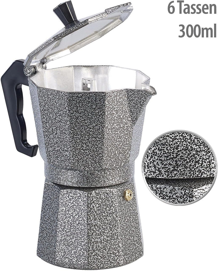 Espressokocher Gas: 2er Set Espresso-Kocher in Hammerschlag-Optik, für 6 Tassen, 300 ml (Mokkakannen