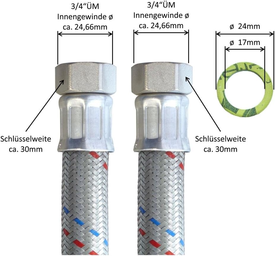 H2O-Flex® Panzerschlauch 3/4"ÜM x 3/4"ÜM (DN19) für Nutzwasser Heizungsschlauch 2,00m / 2.000mm, 2,0