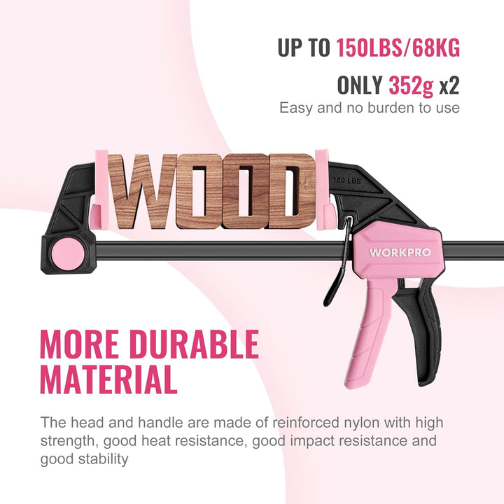 WORKPRO Einhandzwingen Set Rosa 2 Stück Schraubzwingen Spanner, Spannweite 300 mm, Dehnbereich bis z